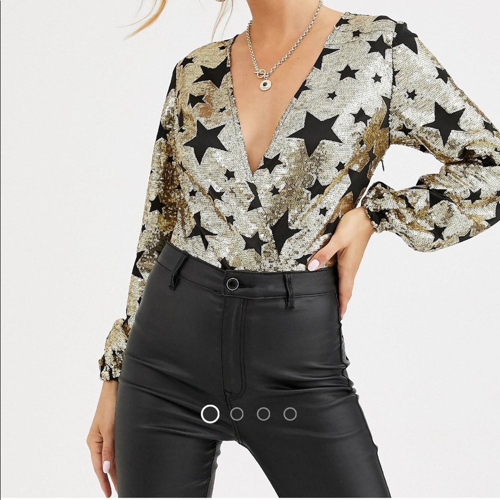 Plunge sequin bodysuit w/ balloon sleeves